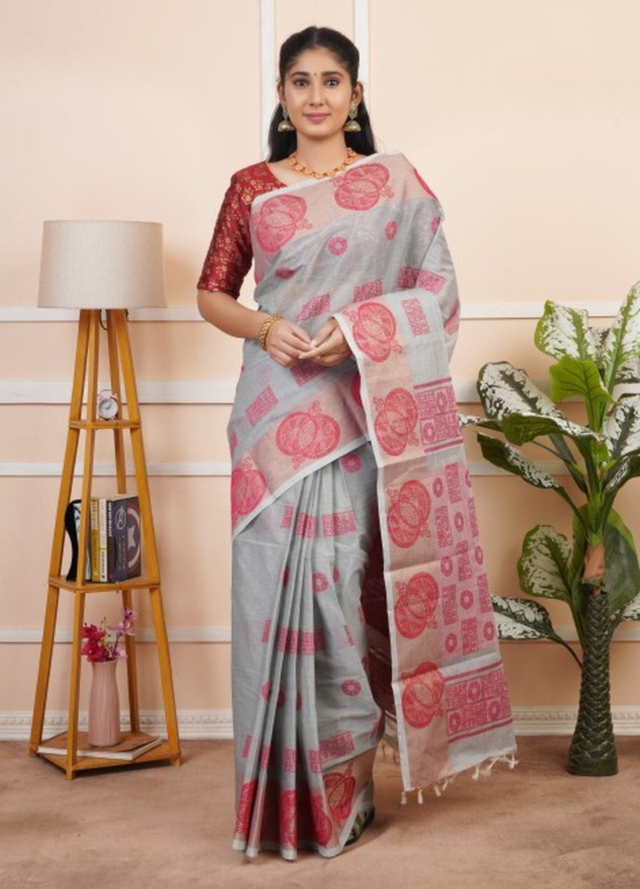 Dove Grey Floral Cotton Saree