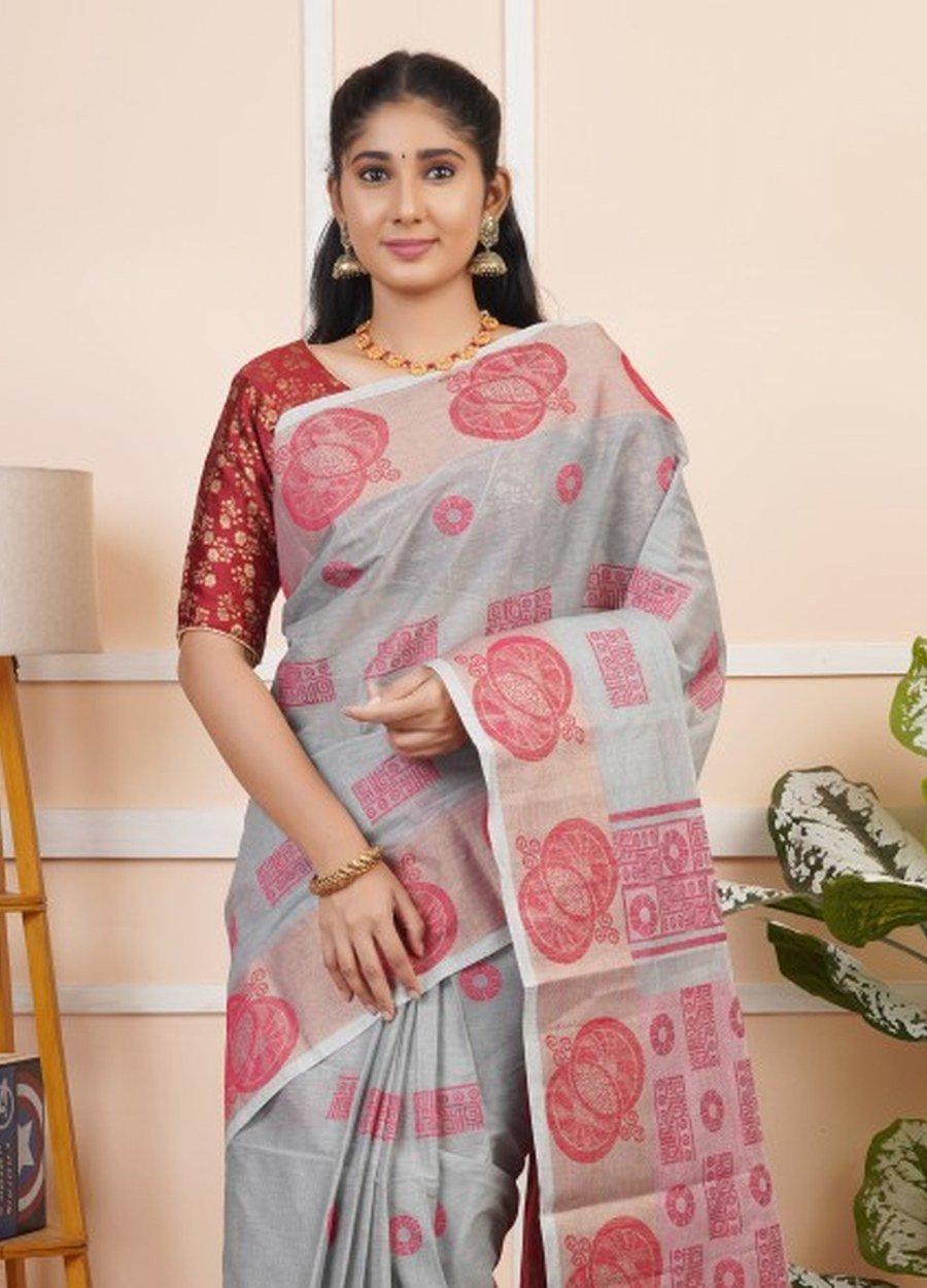 Dove Grey Floral Cotton Saree