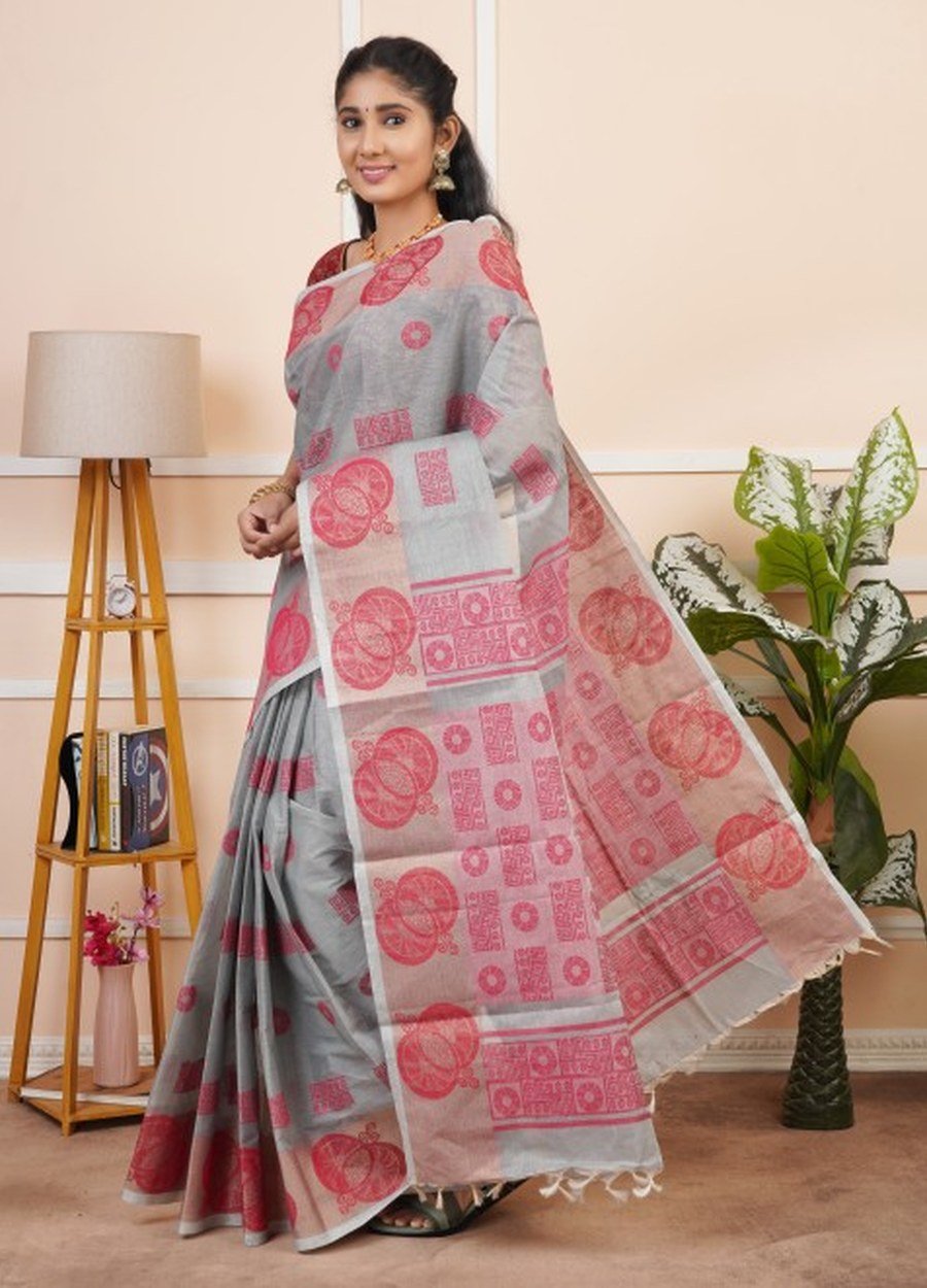 Dove Grey Floral Cotton Saree
