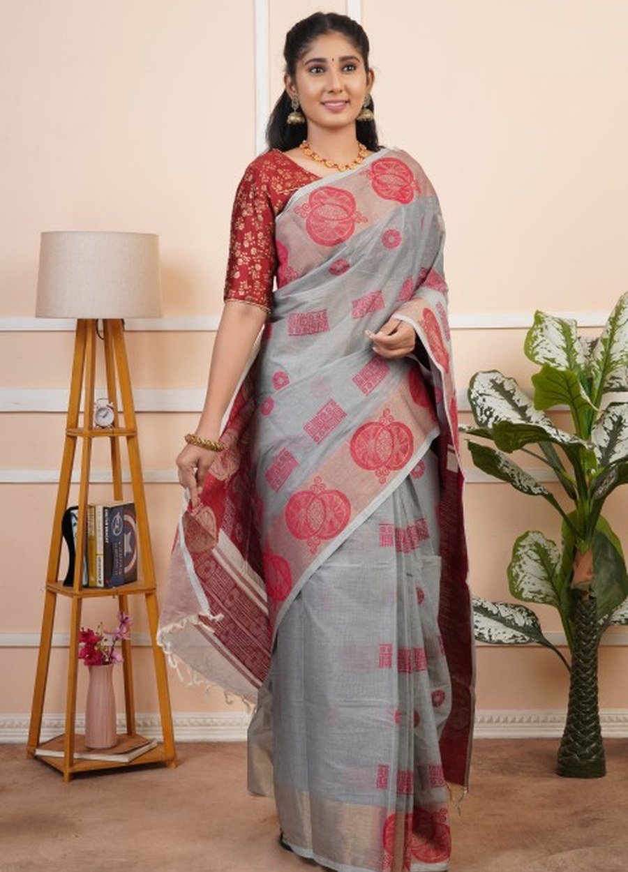 Dove Grey Floral Cotton Saree