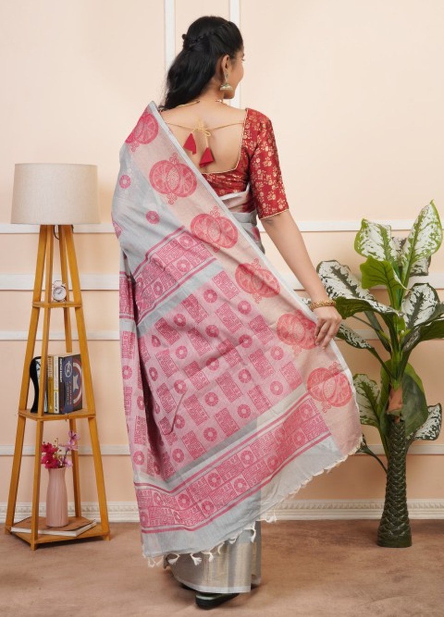 Dove Grey Floral Cotton Saree